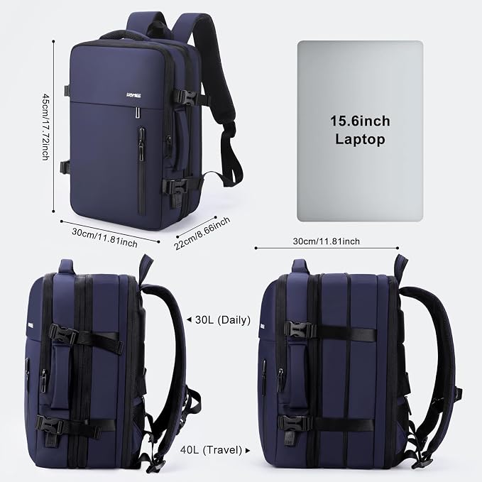 HOMIEE 40L Expandable Carry on Backpack Fit 15.6 Inch Laptop for Travel | USB Charging Port TSA Approved Waterproof Luggage Suitcase Personal Item Backpack - Image 2