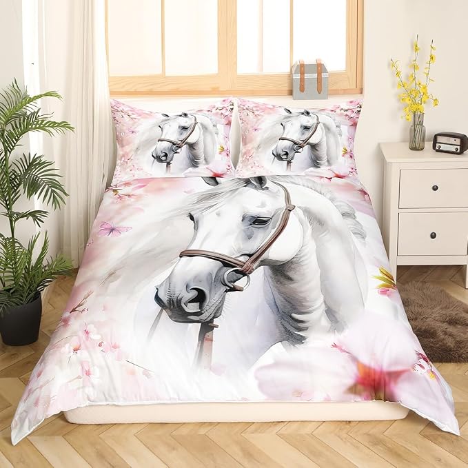 Horse Duvet Cover Queen for Boys Girls Wild Animal Print Bedding Set Pink Cherry Blossoms Decor Comforter Cover 3D White Horse Flower Butterfly Print Bedding 3 Pcs Farmhouse Spring Theme Bedspread - Image 4