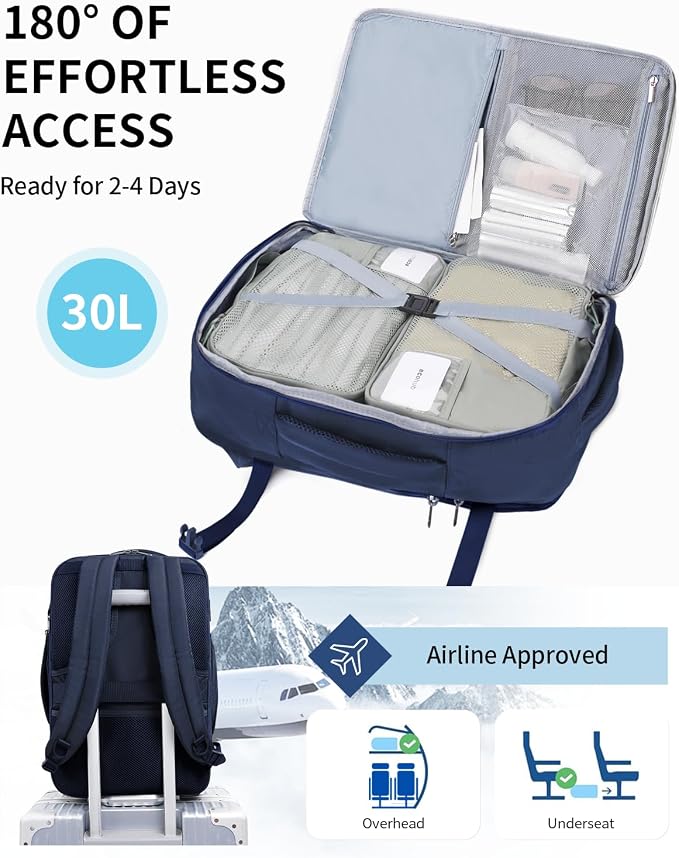 ECOHUB Carry On Travel Backpack, Expandable Airlines Personal Item Bag 18x14x8, Water Resistant 17 inch Laptop Backpack Flight Approved, 12 Pockets 30L Work Backpacks with Wet Pocket Cable Slot, Blue - Image 2