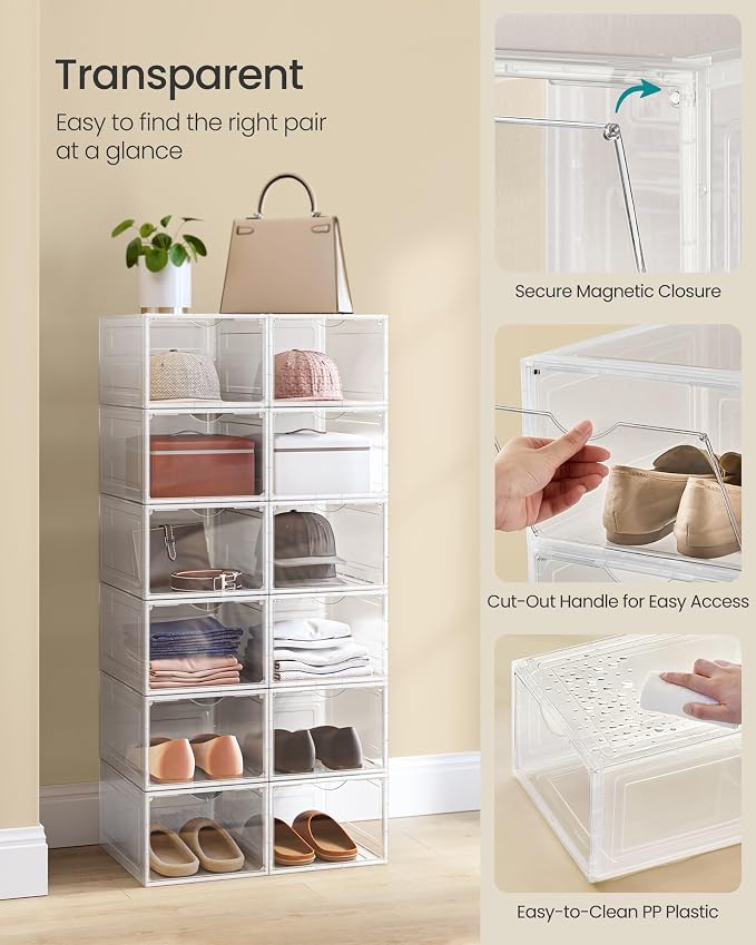 SONGMICS Shoe Boxes, Set of 12, Clear Plastic Shoe Storage, Stackable Sneaker Box, Drop Front Door, Up to US Size 11, Easy Assembly, 13 x 9.8 x 7.1 Inches, Transparent White ULSP032W12 - Image 5