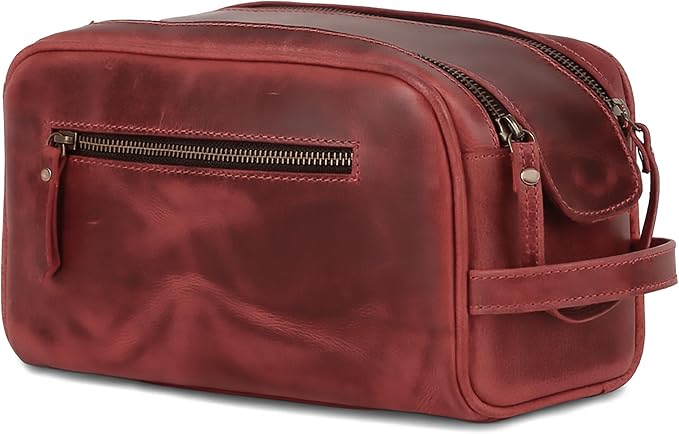 KomalC Leather Toiletry Bag for Men & Women – Handcrafted Travel Grooming Kit with Water-Resistant Lining and Secure Zipper Closure by KomalC