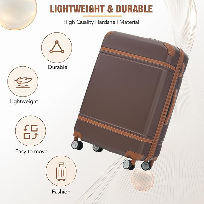 Merax Luggage Set 3 Piece Suitcase Set with 1 Cosmetic Case Expandable Spinner Wheels Vintage Luggage Sets(Brown,20"+24"+28") - Image 3