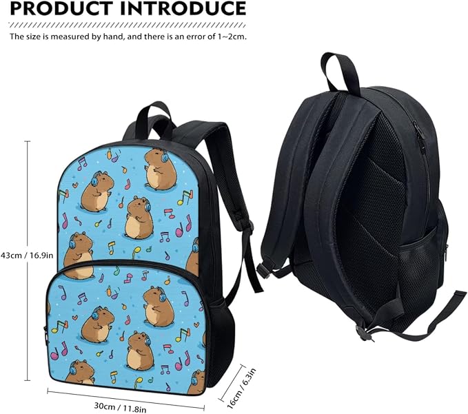 Music Capybara Backpack Pencil Case and Lunch Box 3 Piece Primary School Student Backpack for School Girls 3rd Grade with Lunchbox Girls Ages 6-8 Bookbag/Lunch Bag Set - Image 2