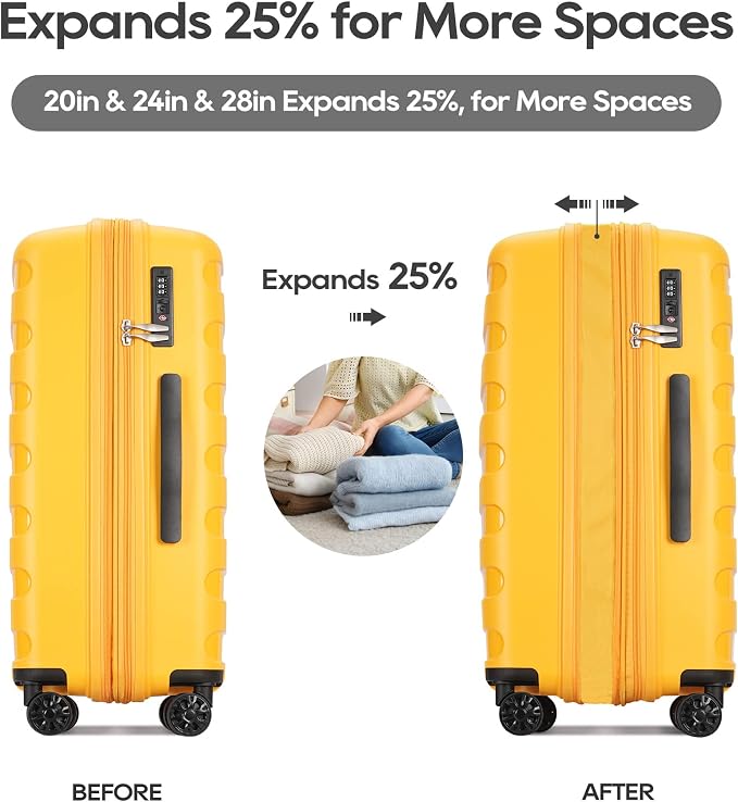 GinzaTravel PP material 3-piece expandable luggage sets with Spinner Wheels， Suitcase with TSA Lock，Large Luggage for Family Travel carry on 20/24/28，Yellow color - Image 3