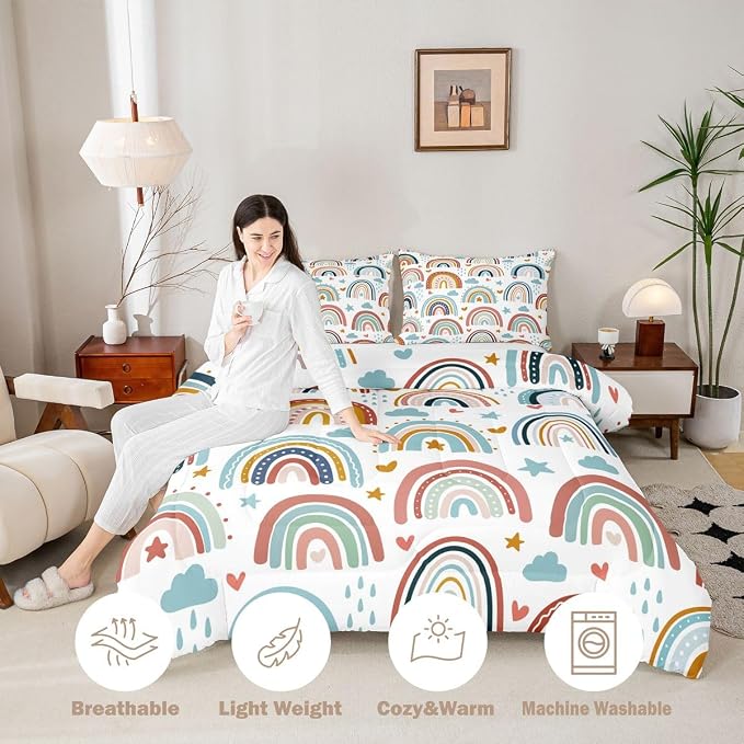 Erosebridal Rainbow Comforter Set for Girls, Cartoon Rainbow Bedding Set Full Size for Kids Boys Women Bedroom Decor, Love Heart Stars Duvet Insert Hand Drawn Iridescent Down Comforter, Colorful - Image 3