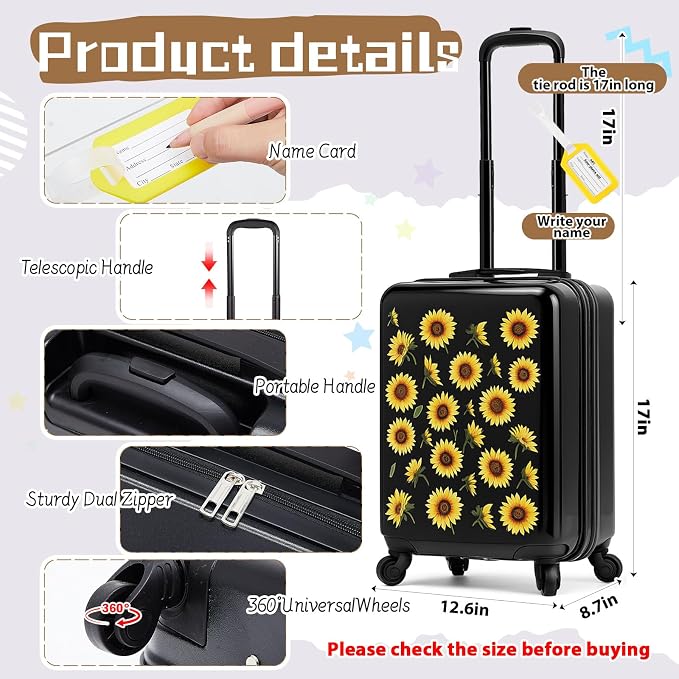 Redbaker 6 Pcs Kids Luggage Set, 17 Inch Rolling Suitcase with Backpack Lunch Bag Neck Pillow, Sunflower Travel Set for Summer Vacation Sleepover Back to School Gift - Image 2