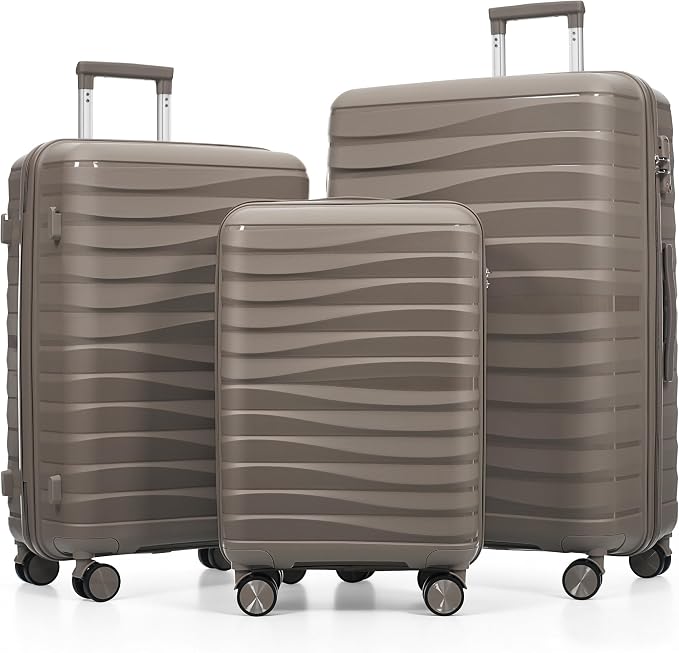 Hardside Luggage Sets, Lightweight Wave Suitcase with Spinner Wheels, PP Brown by Merax