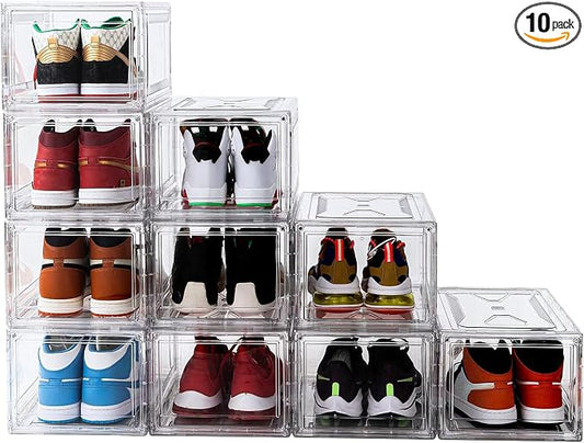 Clear Shoe Boxes Stackable 10 Pack Shoe Storage for Sneakerheads, Front Opening Shoe Organizer, Magnetic Door, Strong and Sturdy Fit for Large Size Shoes 14.96 x 10.24 x 7.87 inches by KDOR