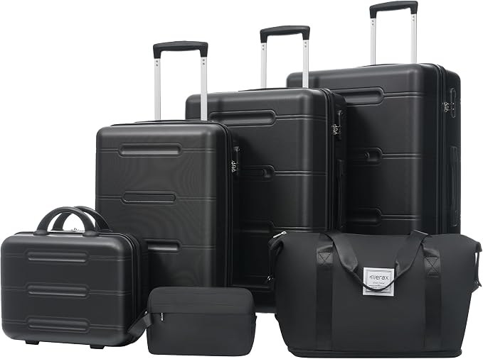 Merax Luggage Set,6 Piece Suitcase with Bags,Lightweight Carry on Luggage | 14/20 IN Airplane Approved,24/28IN Hardside Suitcase with Double Spinner Wheels Handle Password Lock,Black by Merax