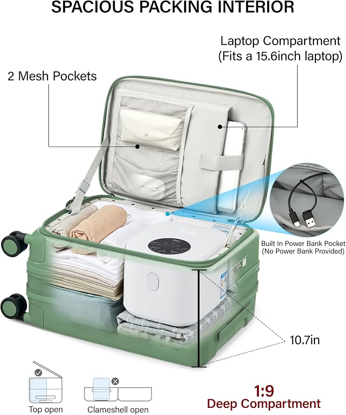 Hanke 20 Inch Expandable Carry On Luggage with Cup Holder 22x14x9 Airline Approved, Top Opening Hard Shell Suitcases with Wheels, Carry-On Travel Suitcase Trunk Luggage with Lock, Forest Green - Image 10