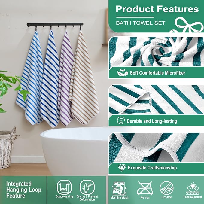 JML Microfiber Beach Towels, 6 Pack, 27" x 55", Large Bath Towel Set for Adult- Cabana Stripe - Absorbent, Quick Drying Lint-Free, No Fading for Summer Party, Pool, Sport, Yoga, Swimming, Dark Green - Image 3