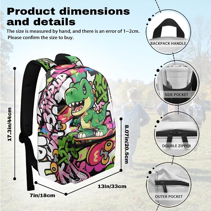 Dinosaur Backpack for Boys 5th Grade Cute Backpack and Lunch Box for Girls Boys 4-in-1 School Bag Set Lightweight 17" Kids Bookbag Ages 8-10 10-12 Teens Daypack Purse - Image 3