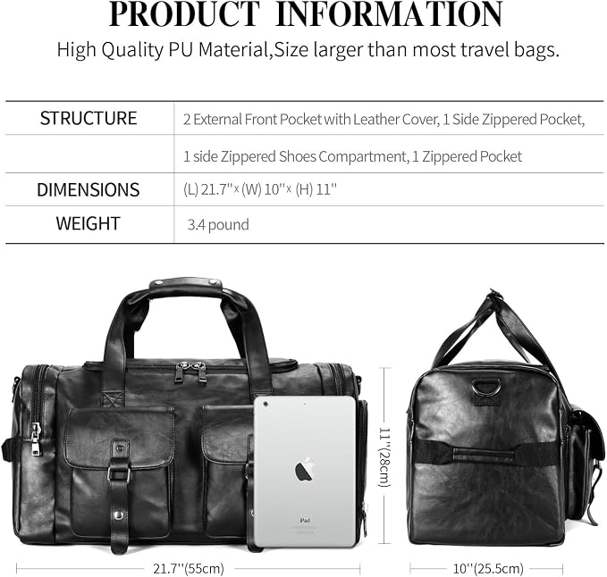 Zeroway Travel Duffel Bag with Shoe Pouch, PU leather Carry on Bag Weekender Overnight Bag for Men Women Black - Image 3