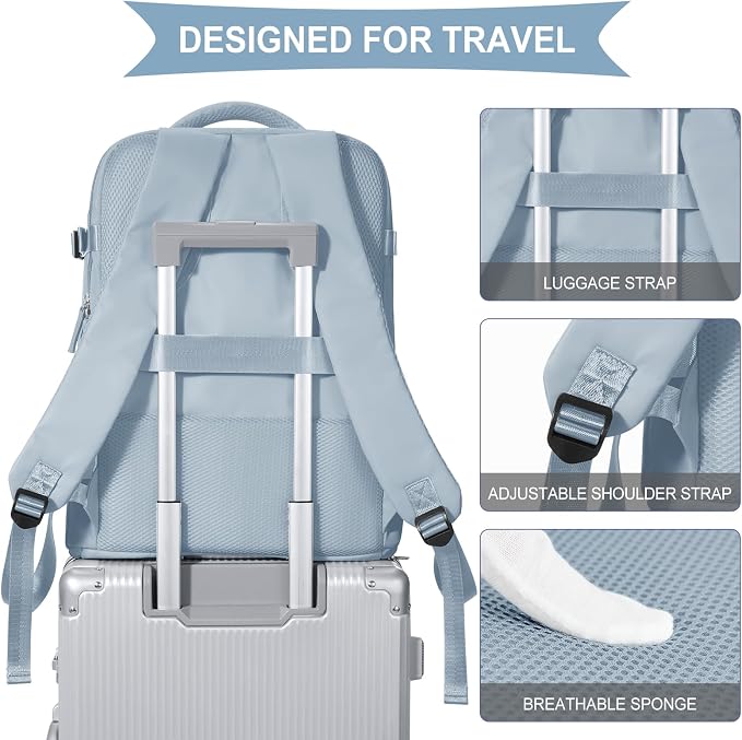 coowoz Large Travel Backpack For Women Men,Carry On Backpack Flight Approved,Hiking Backpack Waterproof Outdoor Rucksack Casual Daypack Fit 15.6 Inch Laptop Shoes Compartment,30L (Gray Blue) - Image 6
