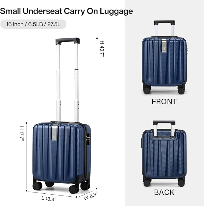 Hanke 16 inch Underseat Carry on Suitcases with Wheels,Lightweight Hard Shell Carry on Luggage with Wheels for Weekender, Small Suitcase,Travel Luggage Christmas Gifts for Birthday （Dark Blue） - Image 3