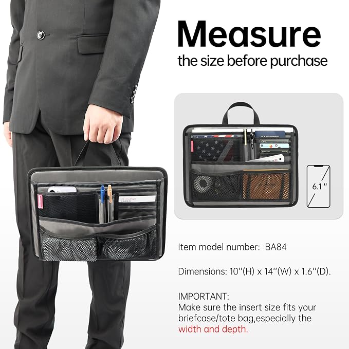 Slim Rugged Organizer Insert for Briefcase Messenger Tote Bag-13 Pockets,Durable Padded Nylon,Handle - Grey - Image 7