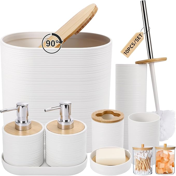 XLHOMO White Bathroom Set, White Bathroom Accessories Set with Trash Can, 2PCS Soap Dispensers, Soap Dish, Toothbrush Holder, Toothbrush Cup,Toilet Brush, Tray and Qtip Holders for Bathroom Decor by BetterbathroomwithXLHOME