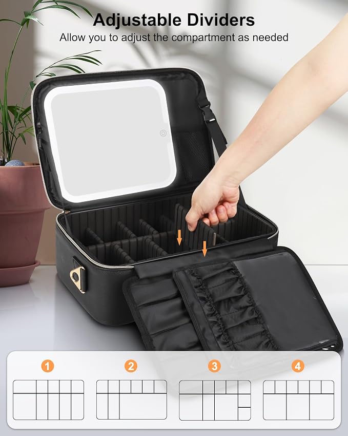 Chomeiu Makeup Bag with LED Mirror, Large Travel Cosmetic Train Case for Women, Makeup Artists Large Organizer Box with Vanity Light Up Mirror, 3 Color Lights, Adjustable Dividers (Black) - Image 2