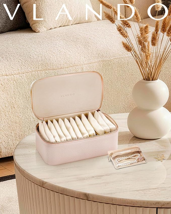 VLANDO Jewelry Box Organzier for Travel,Graduation Gifts for Daughter,Jewelry Case with 12 Pcs Velvet Jewelry Bags for Earrings Necklace Rings,Valentine's Day,Birthday, Wedding Gift for Wome-Pink - Image 2