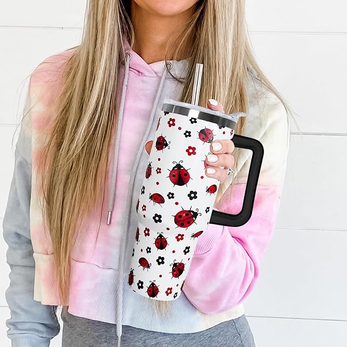 30 Oz Ladybug Tumbler With Handle,Ladybug Coffee Travel Mug Cup Water Bottle,Ladybug Decor,Ladybug Gifts for Women