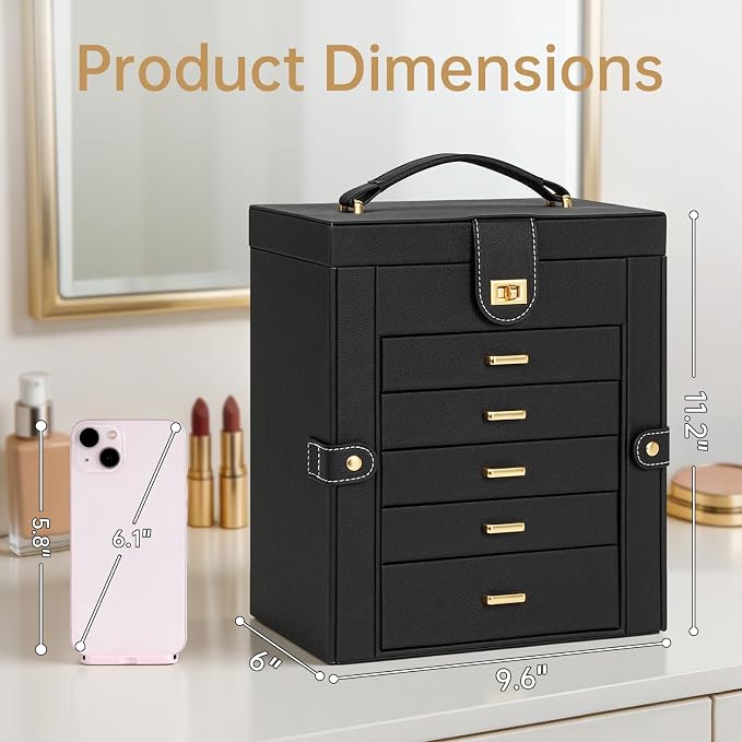 AKOZLIN 6-Tier Jewelry Box Organizer Functional 5 Drawers Leather Jewelry Storage Case for Women Girls Ring Necklace Earring Bracelet Holder Organizer with Mirror Medium Black - Image 4