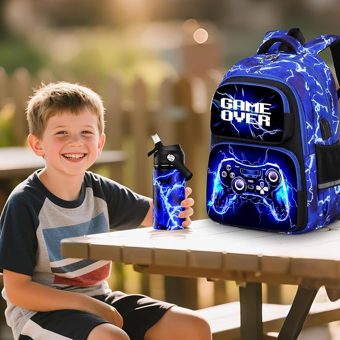 Bevalsa Kids Backpack for Boys with 14oz Insulated Bottle, Gamer Backpack School Bags for Kids & BPA-FREE Stainless Steel Metal Bottle with Straw Lid for Elementary Middle School Student (Lightning) - Image 6