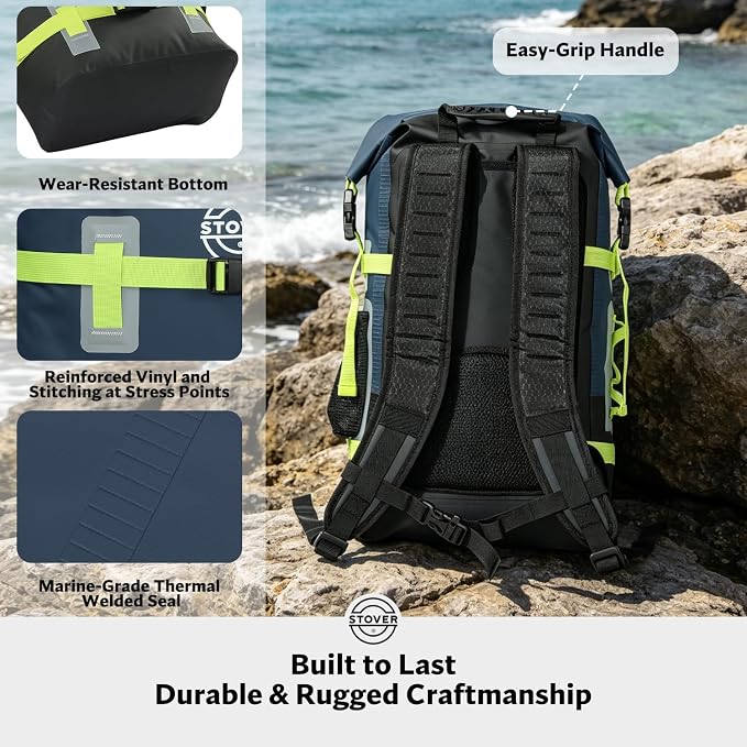 STOVER 40L Waterproof Dry Backpack & Phone Case - X-Large Floating Dry Bag for Kayaking, Travel, Hiking, Fishing, Camping, Motorcycles & Beach, Heavy-Duty Roll Top Men/Women (Navy Blue/Black/Green) - Image 5