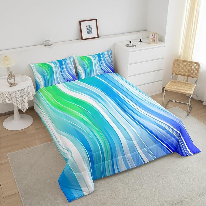 Rainbow Bedding Set Twin Size, Tie Dye Comforter Set For Kids Girls Women Adult Bedroom, Teal Blue Pastel Quilted Duvet Watercolor Geometric Stripes Down Comforter 2 Pieces With 1 Pillow Case - Image 4