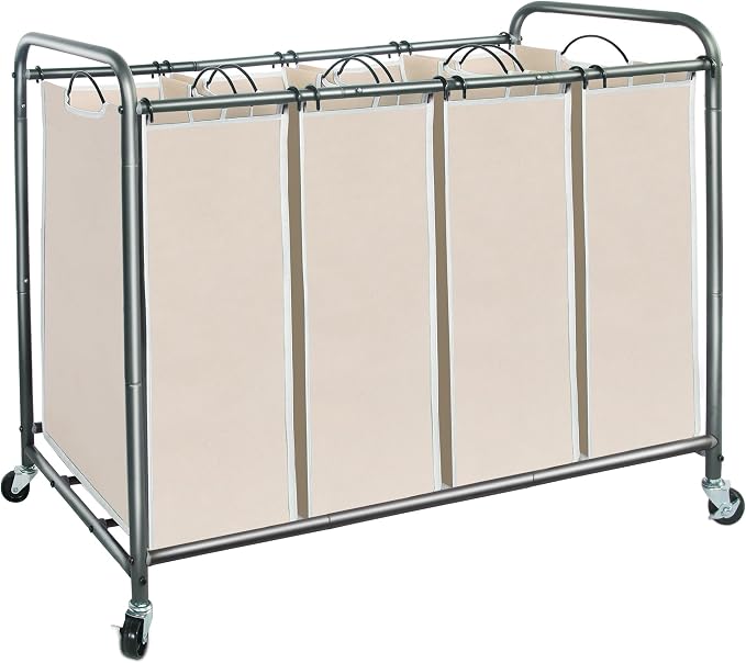 STORAGE MANIAC Laundry Sorter 4 Section, 47.5 Gal (180 L) Laundry Hamper with Wheels, Clothes Divider Basket Sorter, Separator Hamper Cart with Removable Bags, Beige by STORAGEMANIAC