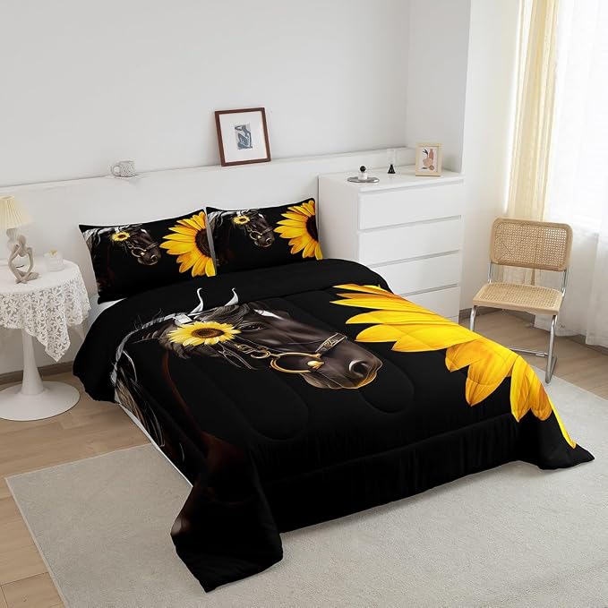 Erosebridal Horse Comforter Set King,Sunflower Horse Bedding Set for Boys Girls Teens Adults,Western Cowboy Farmhouse Down Comforter Farm Animal Quilt Duvet Sets Bedroom Decor 2 Pillow Cases Black - Image 2