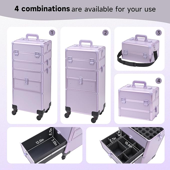Somduy Rolling Makeup Case with Drawer, Makeup Train Case, 4 in 1Cosmetology Case on Wheels, Christmas Gift, Large Makeup Case Organizers, Profesional Cosmetic Case for Salon Barber, Purple - Image 2