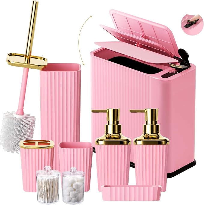 XLHOMO 9-Piece Pink Bathroom Accessories Set - Cute & Functional Set with Slim Trash Can, Soap Dish & Jars - Ideal Gift for Girls, Dorm Room & Modern Vanity Decor by BetterbathroomwithXLHOME