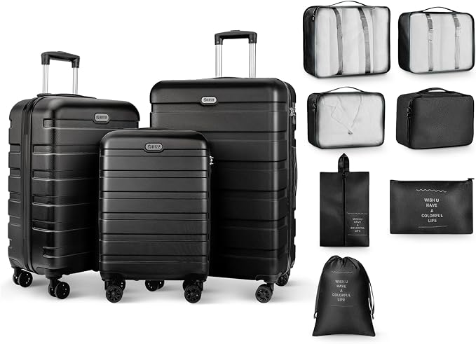 AnyZip Luggage Sets 10 Piece Hardshell Suitcase Set PC ABS Lightweight Travel Suitcases with 4 Double Spinner Wheels TSA Lock 20 24 28 Inch with 7 Storage Bags Black by YourBestTravelChoice