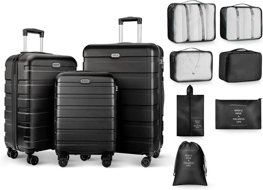 AnyZip Luggage Sets 10 Piece Hardshell Suitcase Set PC ABS Lightweight Travel Suitcases with 4 Double Spinner Wheels TSA Lock 20 24 28 Inch with 7 Storage Bags Black by YourBestTravelChoice