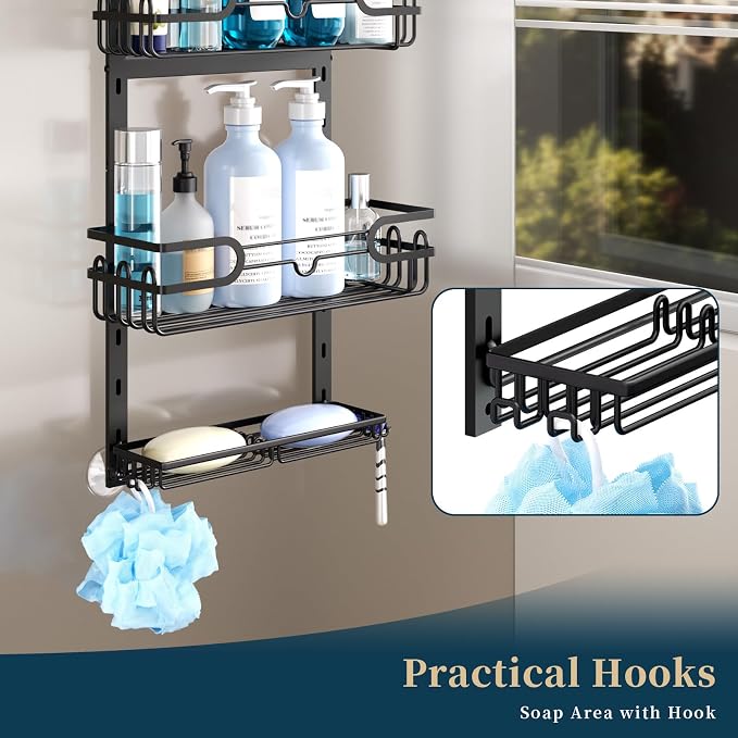 Consumest Over The Door Shower Caddy - 4 Tier Adjustable Hanging Shower Organizer Shelf with 2 Soap Holders & 22 Hooks, Rustproof Easy Installation Hanging Storage Rack for Bathroom, Black - Image 3