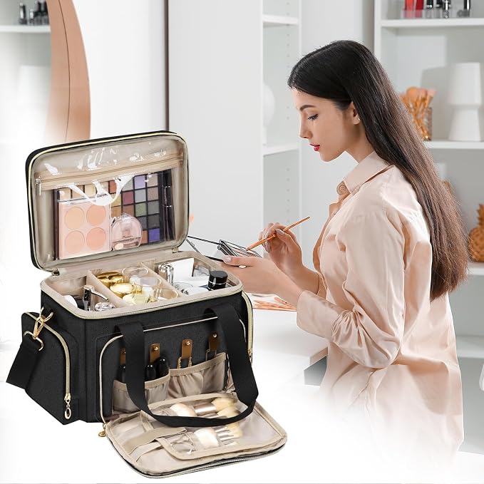 GDNasist Large Makeup Bag, Portable Travel Makeup Bag Organizer for Women Girls with Removable Shoulder Strap & Detachable Dividers, Cosmetic Travel Bag, Toiletry Bag for Makeup - Image 5