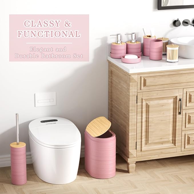 XLHOMO Pink Bathroom Set - 10PC Bathroom Accessories Set, Luxury Bathroom Accessory Set with Trash Can,Toilet Brush & 2 PC Soap Dispensers for Apartment Decor and Housewarming - Image 2