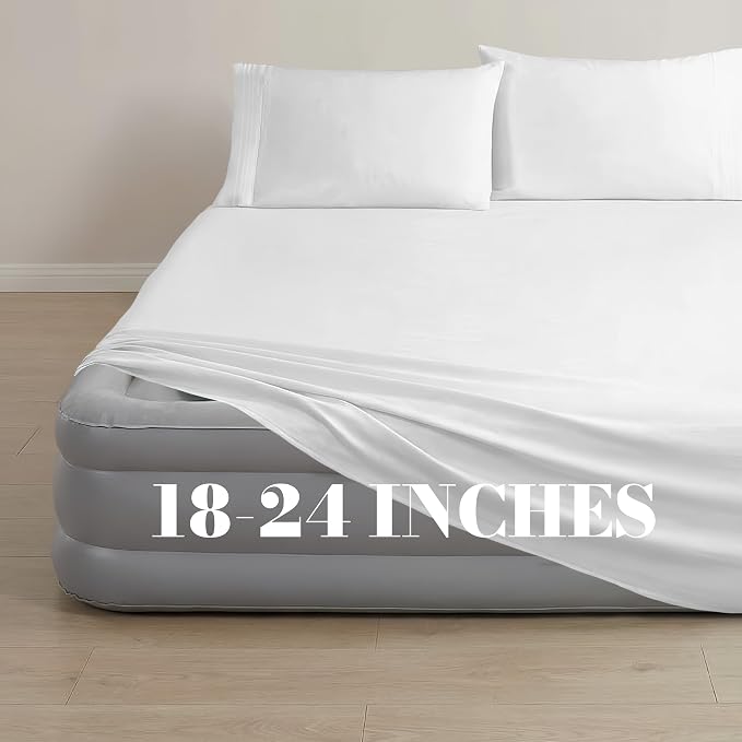 Mocassi 4-Piece Extra Deep Pocket 16-24 Inch Air Mattress Bed Sheet Set- 4PC Sheet Set with Smart Pockets Ideal for Air Beds, RVs, Camping and Guest Rooms Premium Hotel Quality, Full, White - Image 3