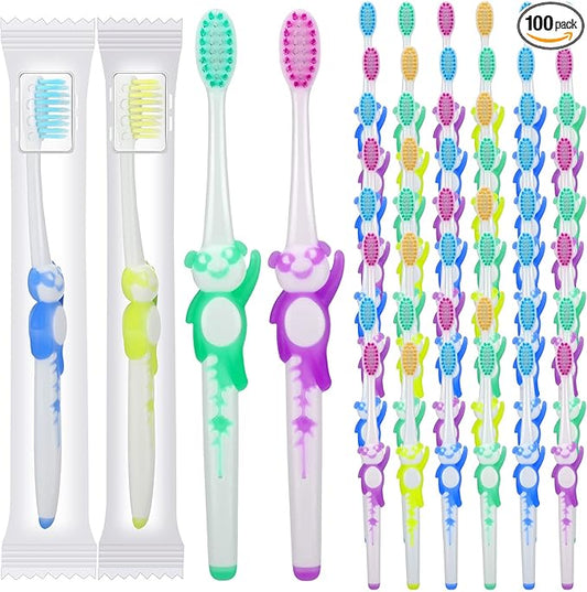 Bokon 100 Pcs Toothbrush for Kids Individually Wrapped Children Soft Disposable Manual Toothbrush Bulk Panda Travel with Bristle Rubber Handle for School Daycare Oral Hygiene