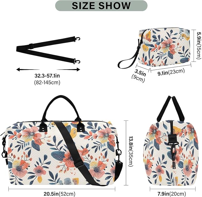 Weekender Bags Travel Duffel Gym Bag Florals Vintage Carry on Overnight Tote Bag with Toiletry Bag for Airplane Travel Trip Gym Yoga - Image 3