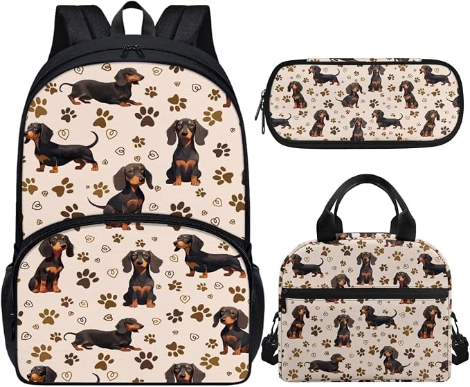 Kids Backpack for School Boys and Girls Dachshund School Backpack with Lunch Box and Pencil Case for Children Bookbag Large Capacity 3Pcs Set by Vanideaoty