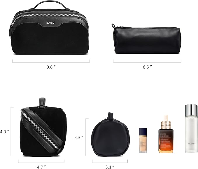 BOYATU Genuine Leather Travel Makeup Bag: Large Capacity 3 Pcs Set Cosmetic Bags for Women - Designer Waterproof Hand-made for Toiletry Organizer - Travel Essentials for Elegance (07Suede-Black) - Image 5