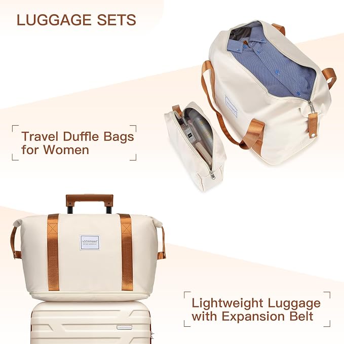 Cream 6 Piece Luggage Set Hard Shell - Expandable Suitcases with Spinner Wheels and Duffel Bags for Family Travel, Durable Carry On Luggage Sets with Lock for Women and Men - Image 4