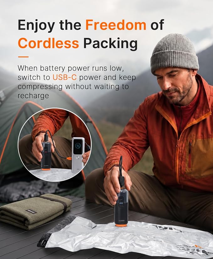 Vacbird 15-Pack Travel Vacuum Storage Bags with Dual Power Electric Pump, Space Saver Compression Bags for Clothing, Carry-On Luggage and Suitcase Packing, Rechargeable Battery & Direct USB Power - Image 4