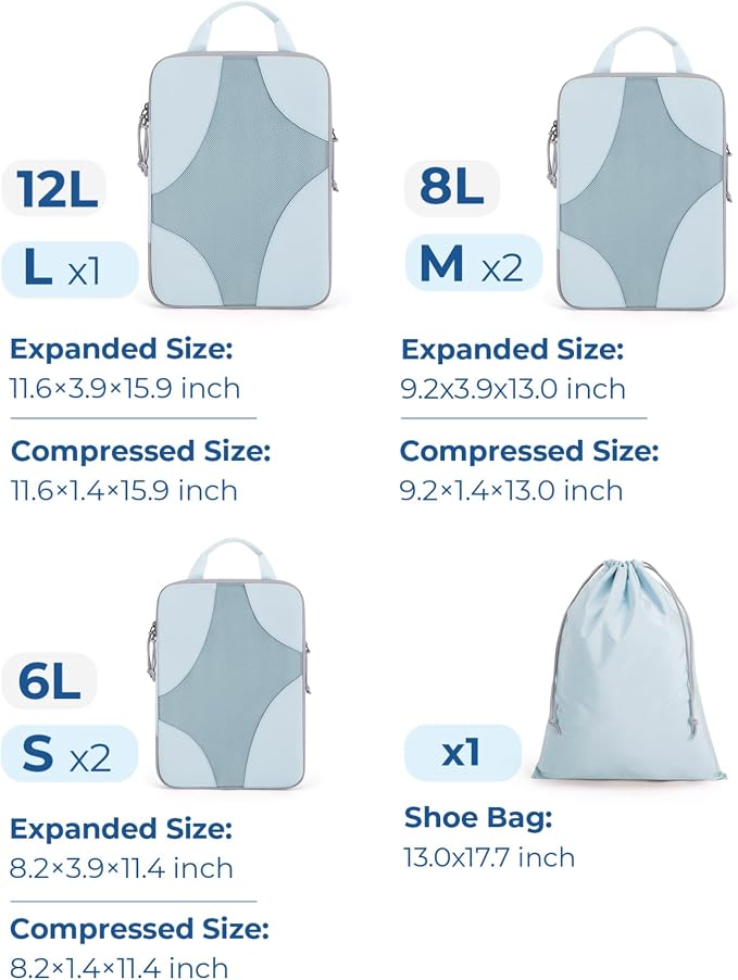 Bagsmart Compression Packing Cubes, Travel Bag Cruise Ship Essentials | Lightweight, Compressible Suitcase Organizer Set fit Standard Carry-On & Checked Luggage, 6 Set, 14 Set Washable Packing Bags - Image 2