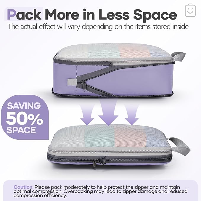 Veken 11 Set Compression Packing Cubes for Travel Essentials,Compressible Expandable Luggage Suitcase Organizer Bags with Garment Bag,Space Saver Bags with Over 1000 pcs of Mesh Holes(Purple Gray) - Image 6