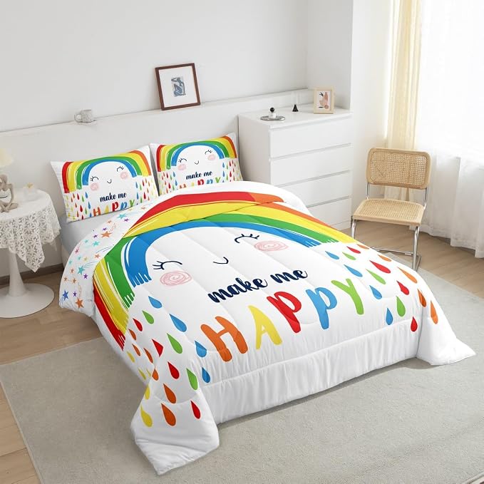 Erosebridal Rainbow Comforter Set Queen Size, Cartoon White Colorful Rainbow Bedding Set for Kids Girls Boys Children, Kawaii Quilted Comforter Ultra Soft Decorative 3 Piece with 2 Pillow Cases - Image 3