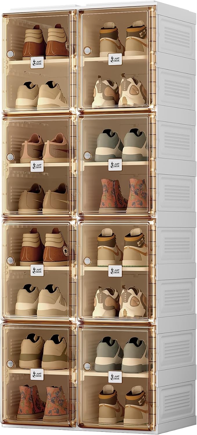 ANTBOX Shoe Organizer Storage Box, Portable Folding Shoe Rack For Closet With Magnetic Clear Door,Large Sneaker Cabinet Bins Sturdy Easy Assembly 8 Layers-16 Grids by ANTBOX