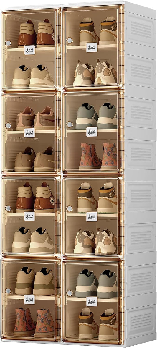 ANTBOX Shoe Organizer Storage Box, Portable Folding Shoe Rack For Closet With Magnetic Clear Door,Large Sneaker Cabinet Bins Sturdy Easy Assembly 8 Layers-16 Grids by ANTBOX