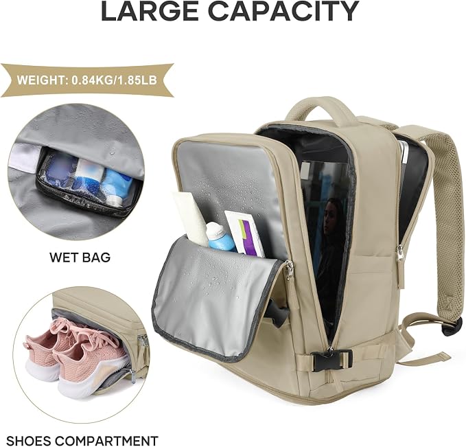 coowoz Large Travel Backpack For Women Men,Carry On Backpack Flight Approved,Hiking Backpack Waterproof Outdoor Rucksack Casual Daypack Fit 15.6 Inch Laptop Shoes Compartment (Khaki-L) - Image 7